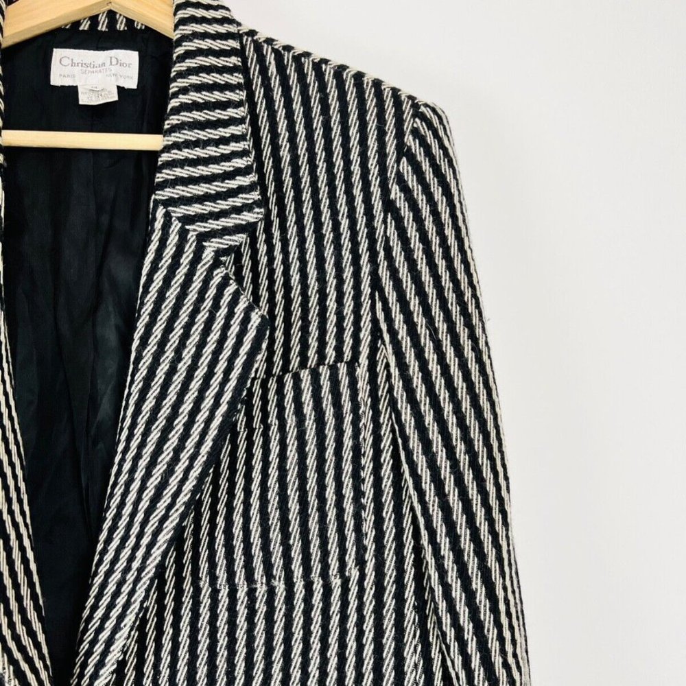 Christian Dior Vintage Black and Cream Striped Wool Tailored Blazer Jacket UK 14 - Picture 2 of 12